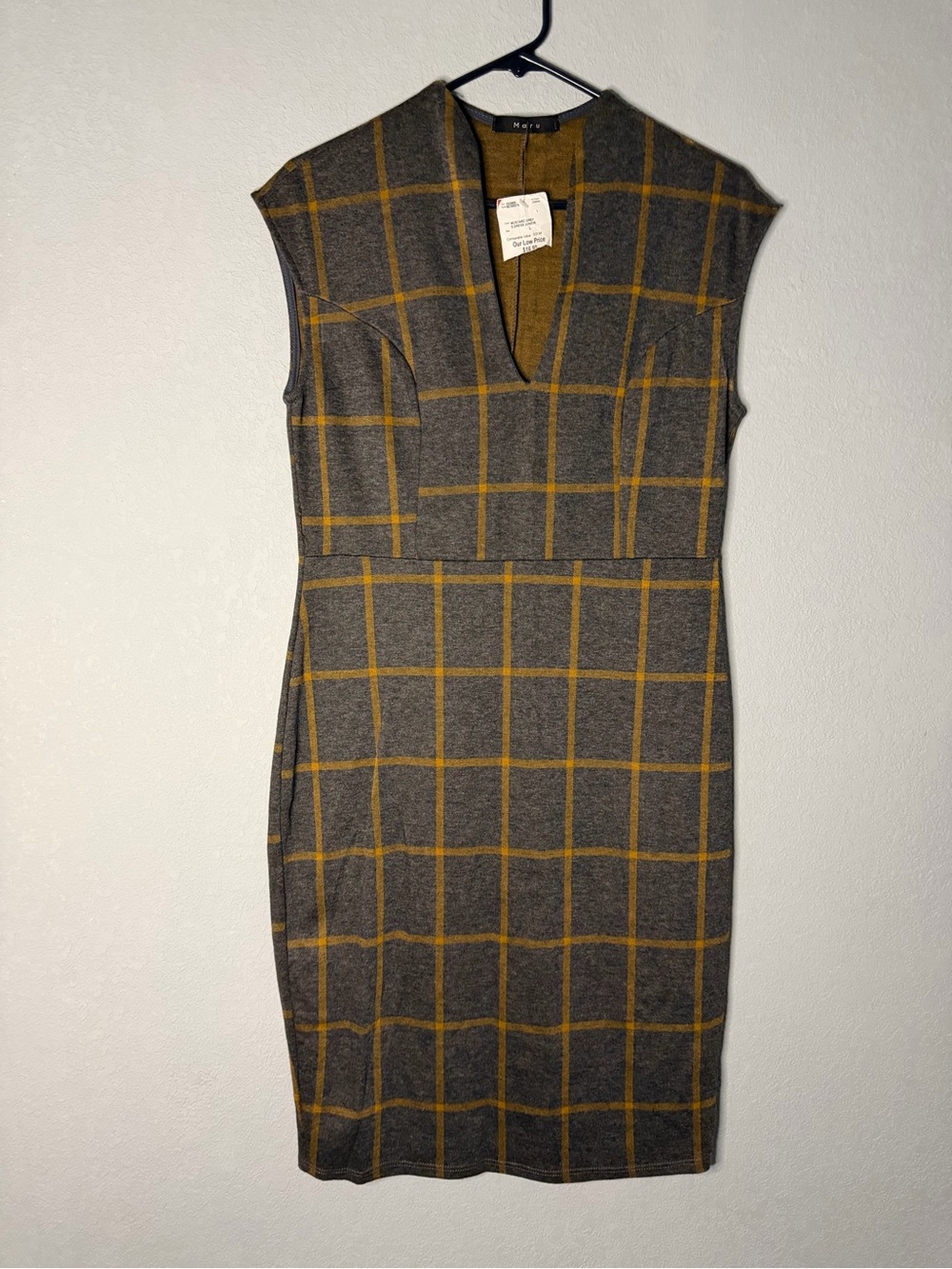 Windowpane Midi Sheath Dress in Grey and Mustard